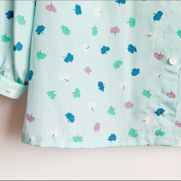 vintage aqua satin printed buttonup blouse - Picture 4 of 6